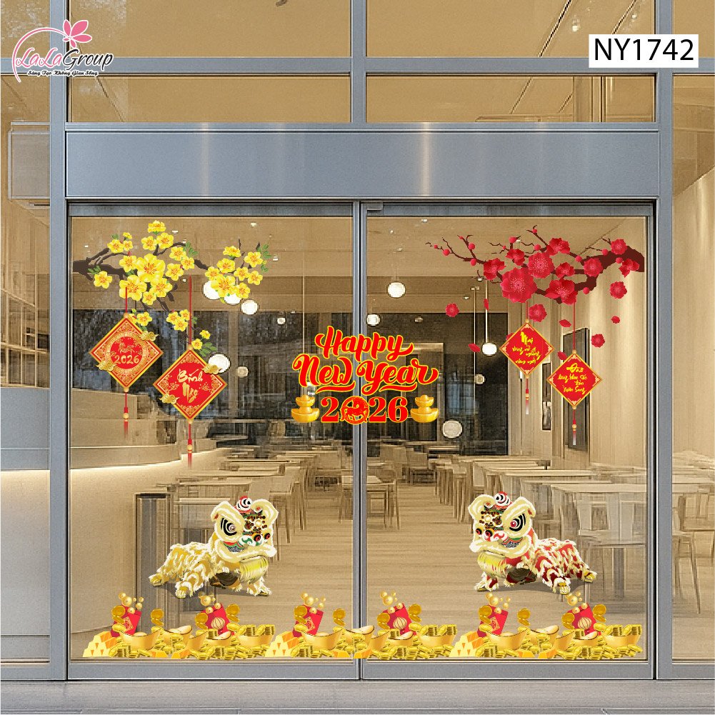 Combo Decal Trang Tr&iacute; Tết B&iacute;nh Ngọ 2026 Mai Đ&agrave;o Khoe Sắc
