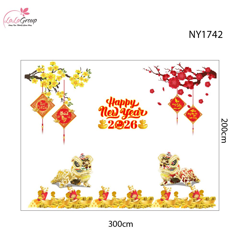 Combo Decal Trang Tr&iacute; Tết B&iacute;nh Ngọ 2026 Mai Đ&agrave;o Khoe Sắc