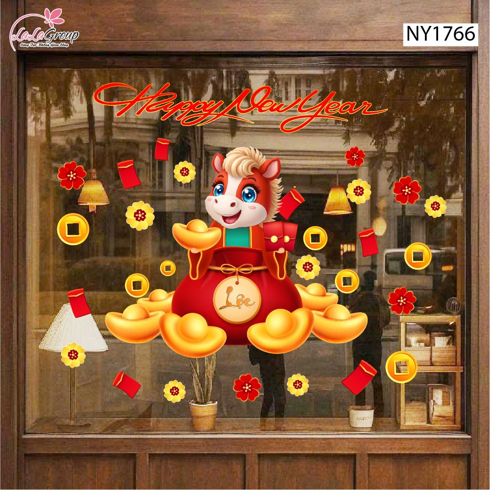 Decal Trang Tr&iacute; Tết Happy New Year 2026 Tiền T&agrave;i Vạn Ph&aacute;t
