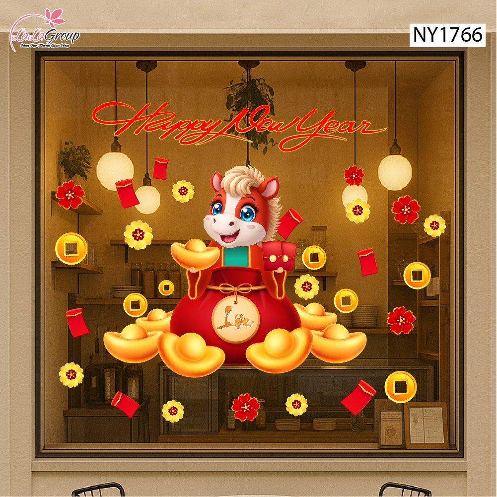 Decal Trang Tr&iacute; Tết Happy New Year 2026 Tiền T&agrave;i Vạn Ph&aacute;t