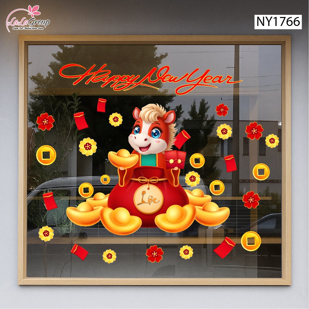 Decal Trang Tr&iacute; Tết Happy New Year 2026 Tiền T&agrave;i Vạn Ph&aacute;t