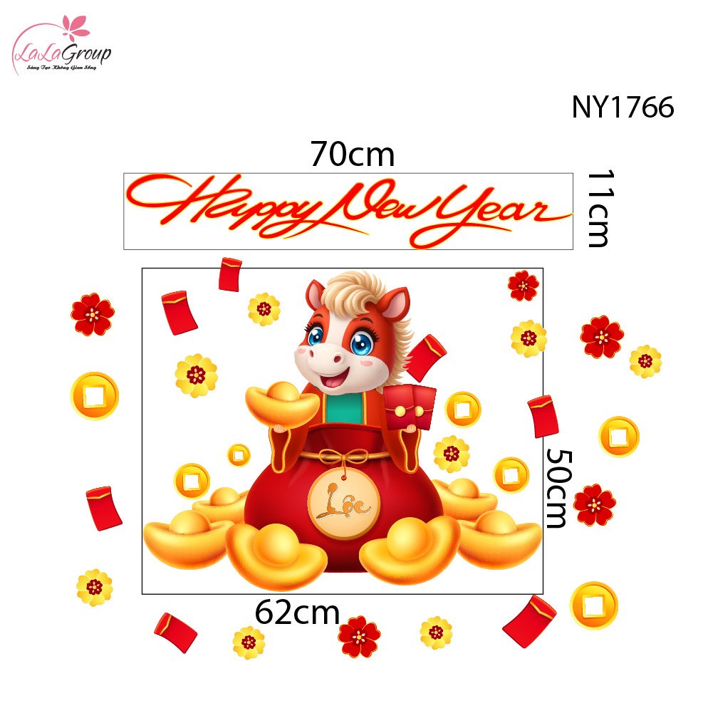 Decal Trang Tr&iacute; Tết Happy New Year 2026 Tiền T&agrave;i Vạn Ph&aacute;t