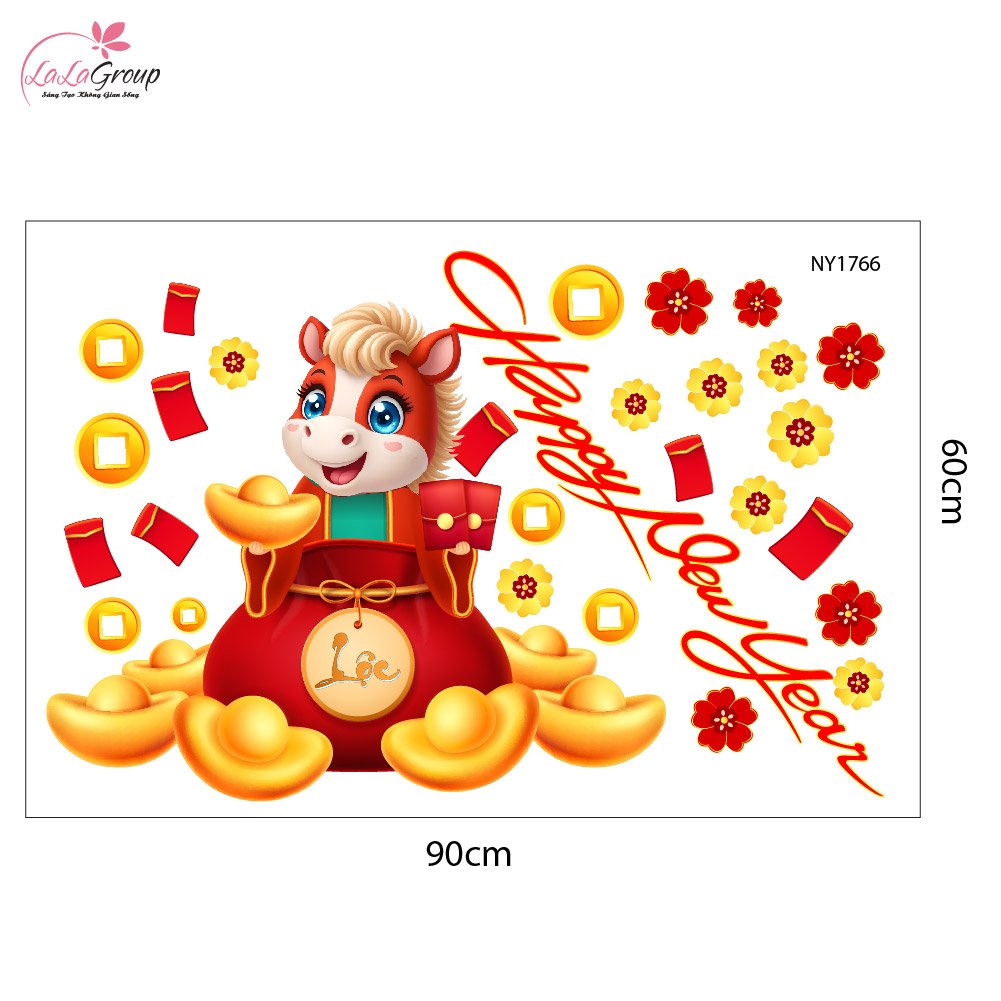 Decal Trang Tr&iacute; Tết Happy New Year 2026 Tiền T&agrave;i Vạn Ph&aacute;t
