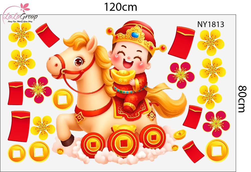 Decal Trang Tr&iacute; Tết 2026 Thần T&agrave;i Cưỡi Ngựa Rước Lộc Đầu Năm