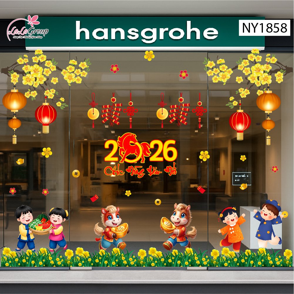 Combo Decal Trang Trí Tết Bé Vui Xuân Mừng Năm Mới Bính Ngọ