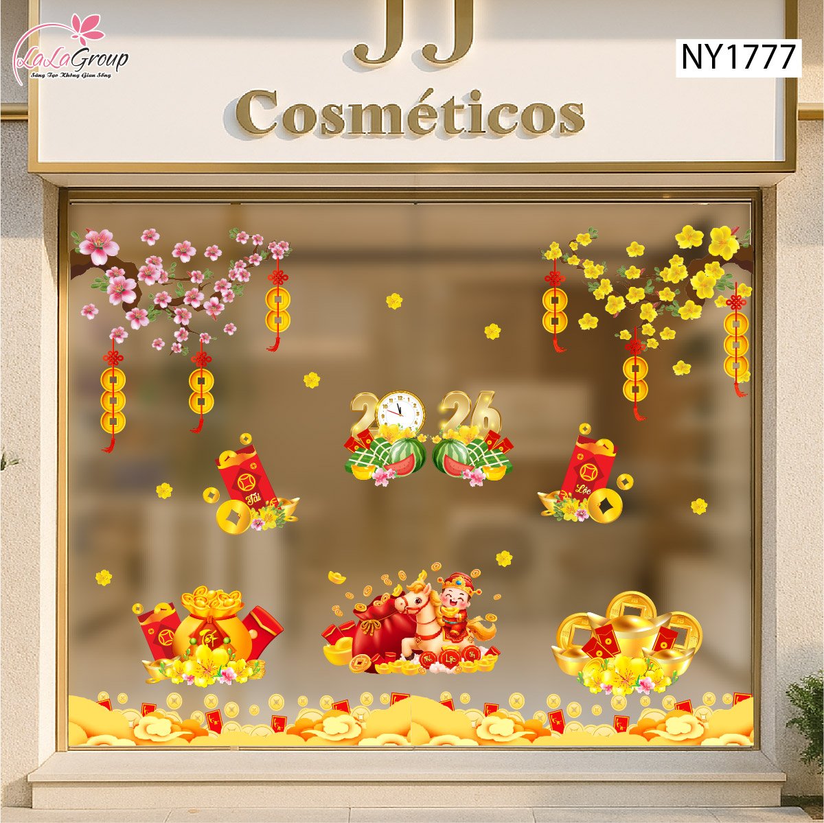 Combo Decal Trang Trí Cửa Kính Ngày Tết Ngựa Thần Tài và Túi Tiền May Mắn