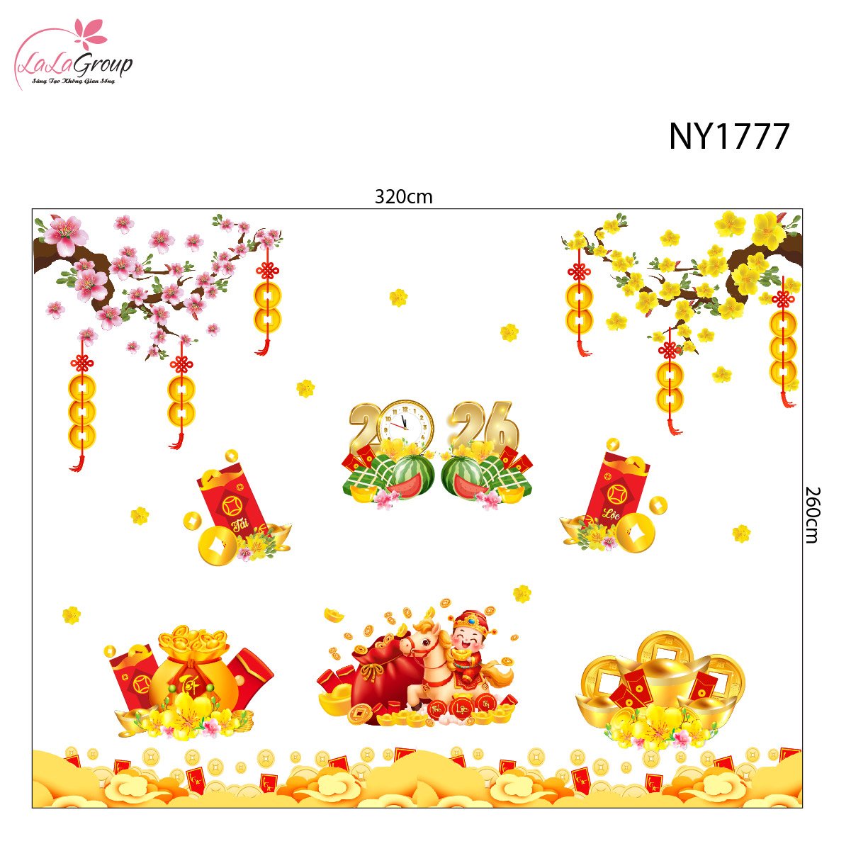 Combo Decal Trang Trí Cửa Kính Ngày Tết Ngựa Thần Tài và Túi Tiền May Mắn
