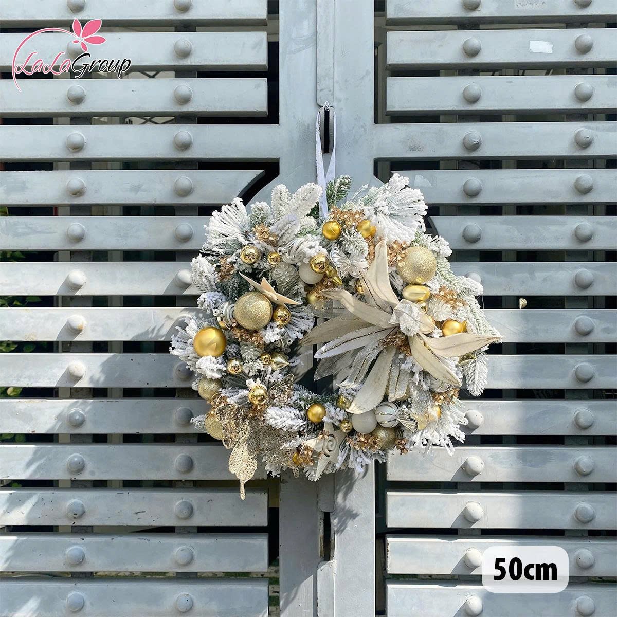 Vòng Nguyệt Quế 50cm Gam Vàng Sang Trọng Trang Trí Noel Kèm Đèn Led