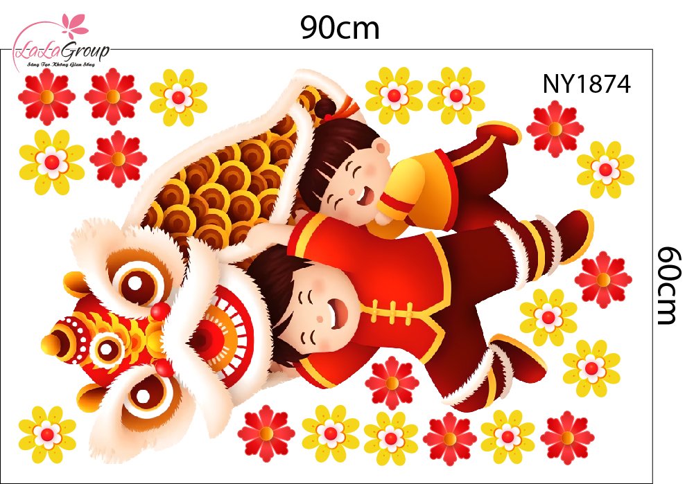 Decal Trang Trí Tết Lân Vàng Gõ Cửa Tài Lộc Sum Vầy