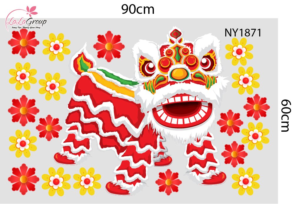 Decal Trang Trí Tết Lân Vàng Gõ Cửa Tài Lộc Sum Vầy