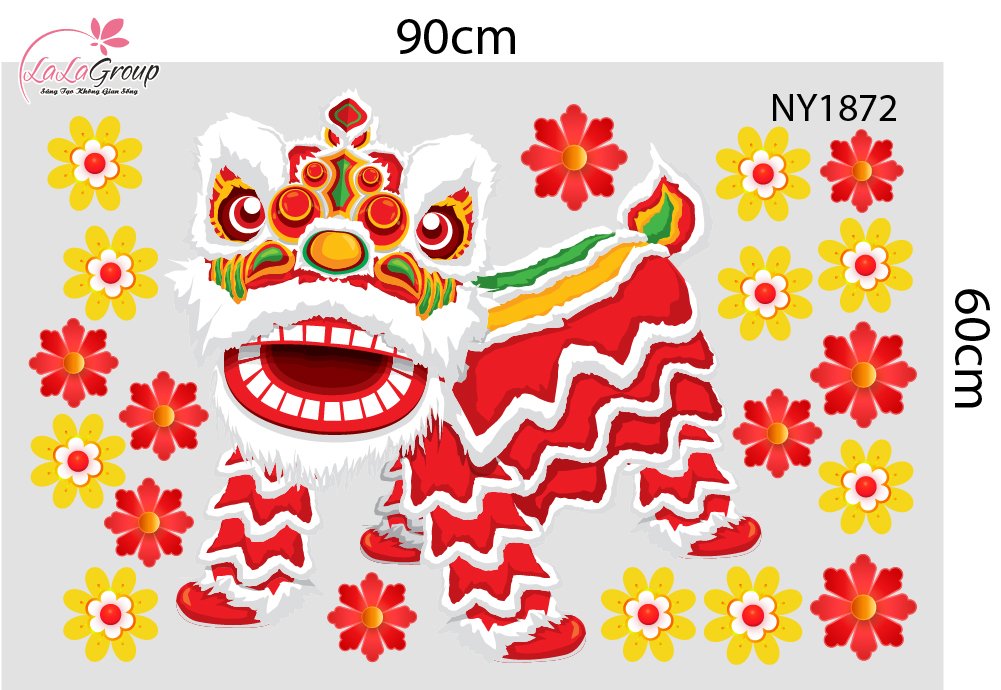 Decal Trang Trí Tết Lân Vàng Gõ Cửa Tài Lộc Sum Vầy