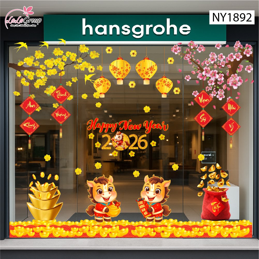 Combo Decal Trang Trí Tết Happy New Year Bính Ngọ 2026