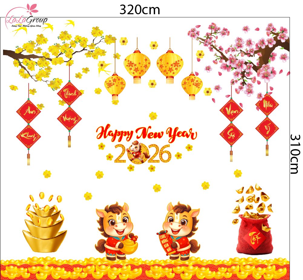 Combo Decal Trang Trí Tết Happy New Year Bính Ngọ 2026