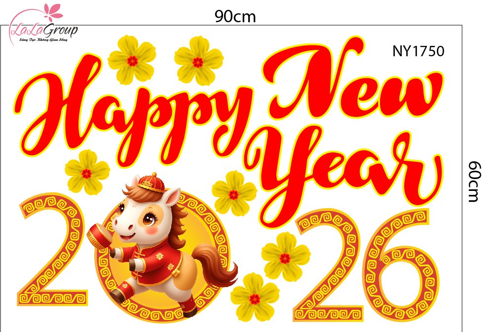 Combo Decal Trang Trí Tết Happy New Year Bính Ngọ 2026