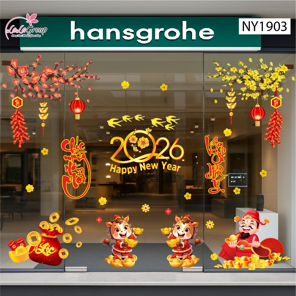 Combo Decal Trang Trí Tết Bính Ngọ Thần Tài Gõ Cửa Rước Lộc Vào Nhà