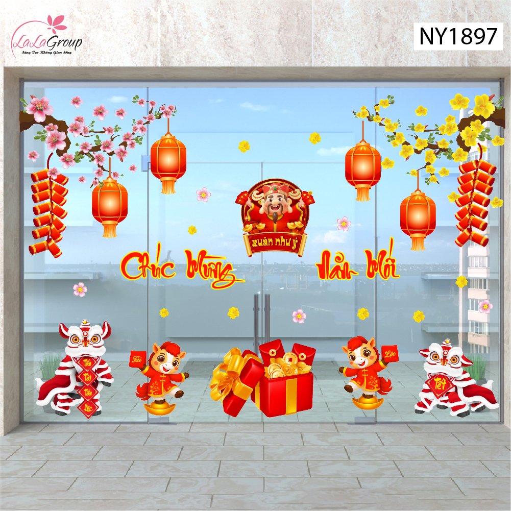 Combo Decal Trang Trí Tết Bính Ngọ thần tài gõ cửa đón xuân như ý
