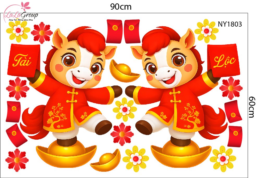 Combo Decal Trang Trí Tết Bính Ngọ thần tài gõ cửa đón xuân như ý