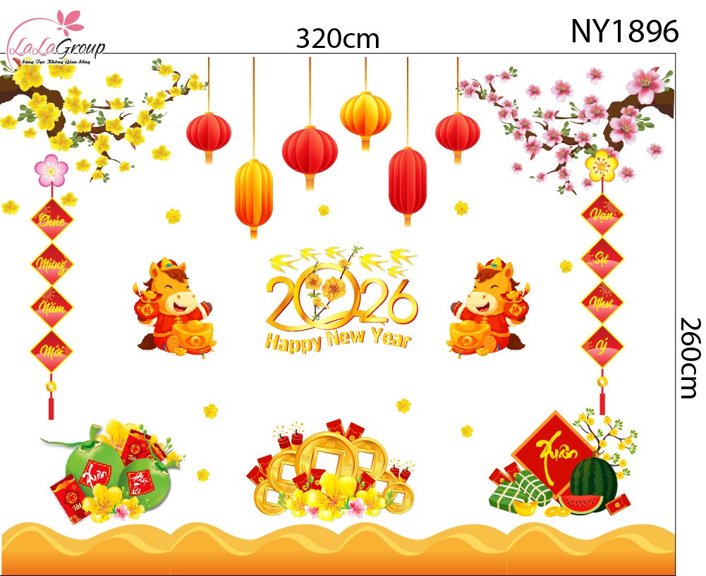 Combo Decal Trang Trí Tết Xuân Bính Ngọ Đồng Tiền Vàng May Mắn 2026