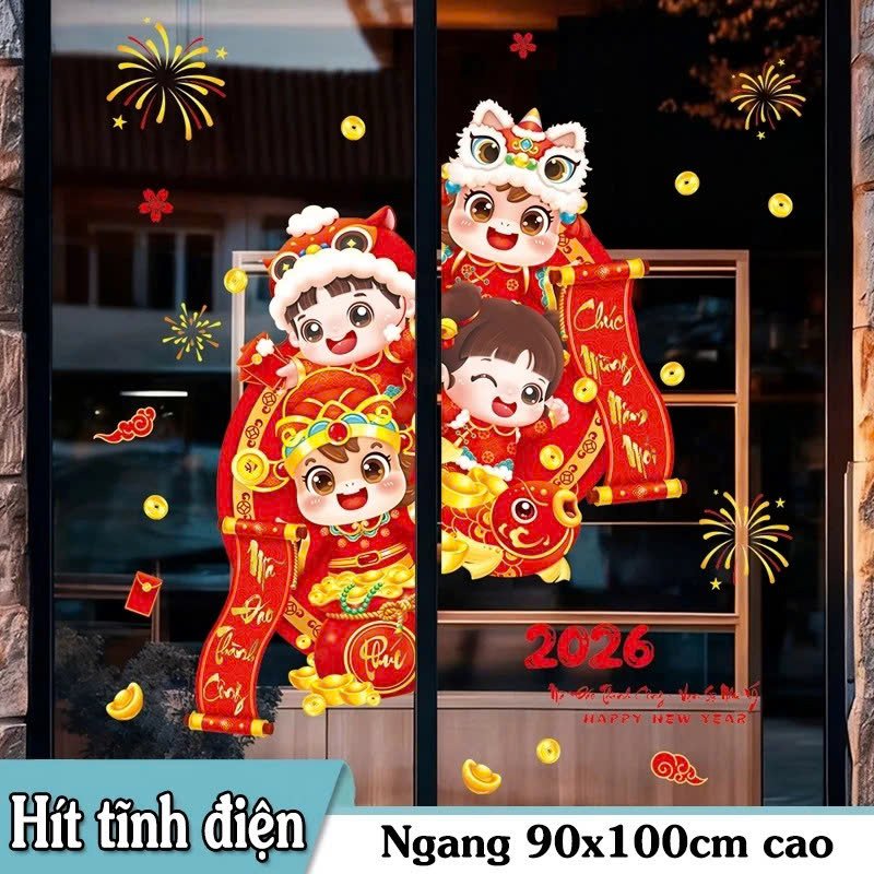 Decal 2 mặt tĩnh điện trang tr&iacute; tết b&eacute; ch&uacute;c mừng năm mới 2026