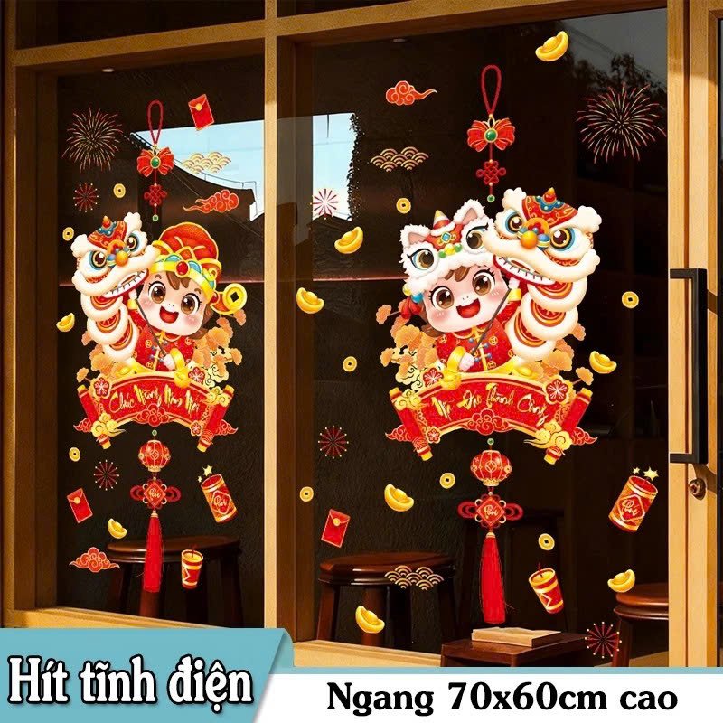 Decal 2 mặt tĩnh điện trang tr&iacute; tết b&eacute; m&uacute;a l&acirc;n mừng năm mới
