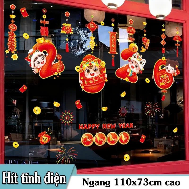 Decal 2 mặt tĩnh điện trang tr&iacute; tết happy new year 2026