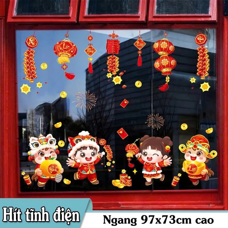 Decal tĩnh điện 2 mặt bé vui chúc tết