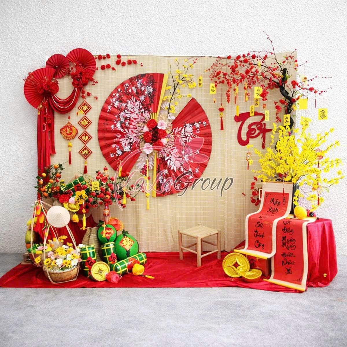 Tiểu Cảnh Trang Tr&iacute; M&agrave;nh Tre Quạt Hoa Anh Đ&agrave;o Rực Rỡ Mừng Xu&acirc;n Sum Vầy