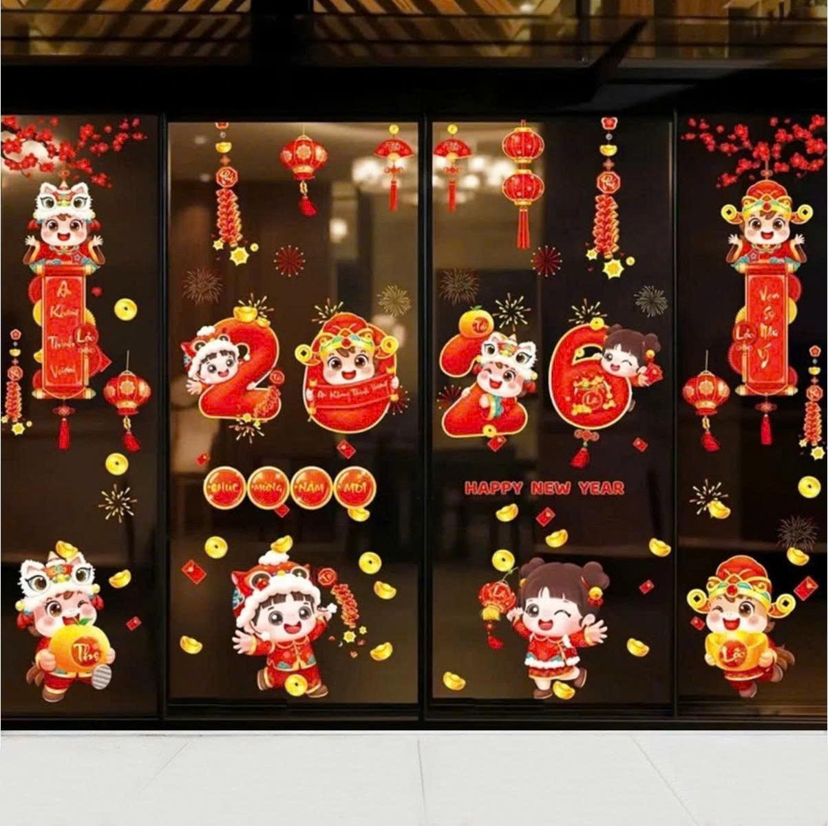 Combo decal tết tĩnh điện 2 mặt mừng năm mới t&agrave;i lộc