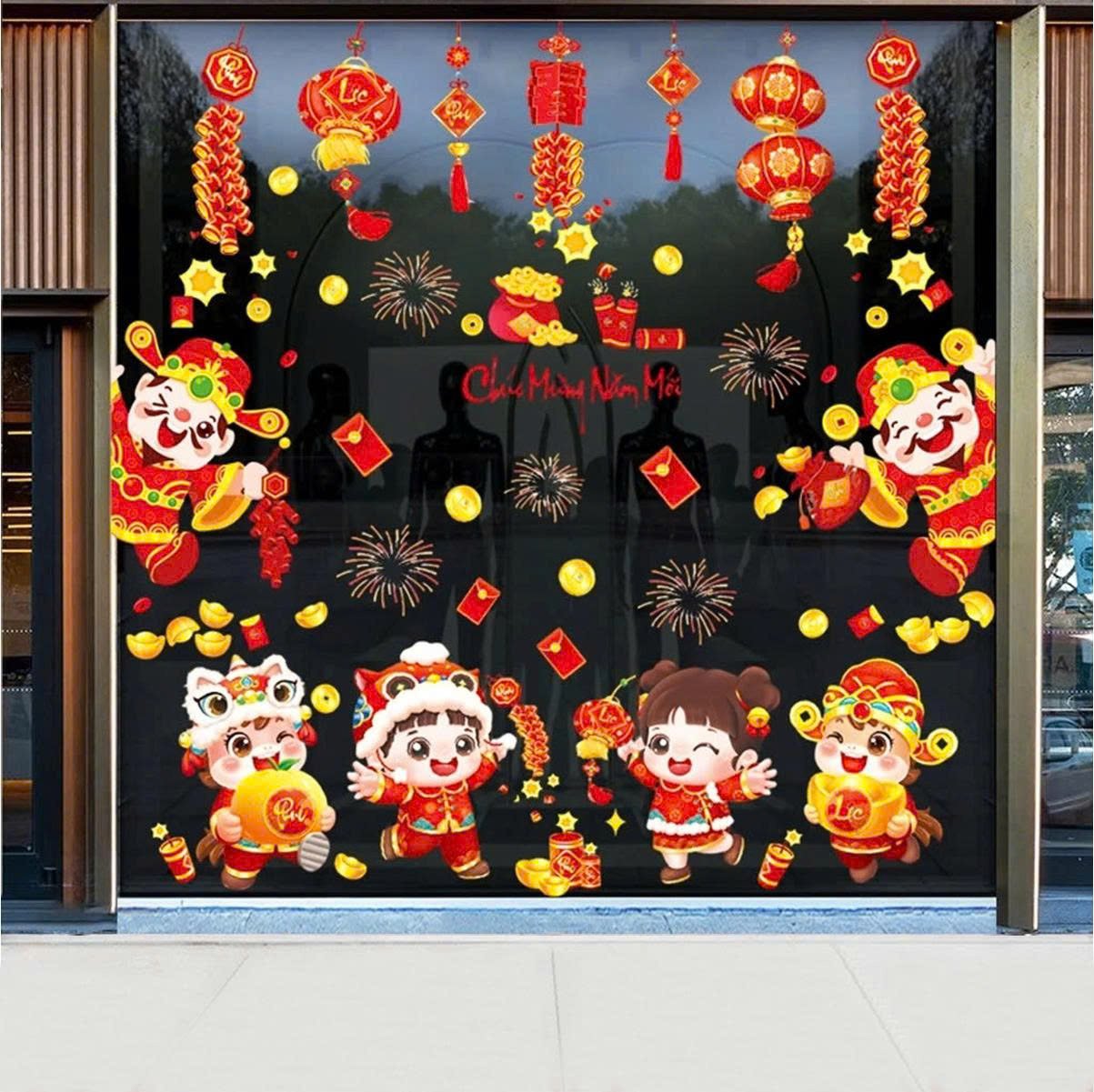 Combo decal tết tĩnh điện 2 mặt thần t&agrave;i vui đ&oacute;n tết