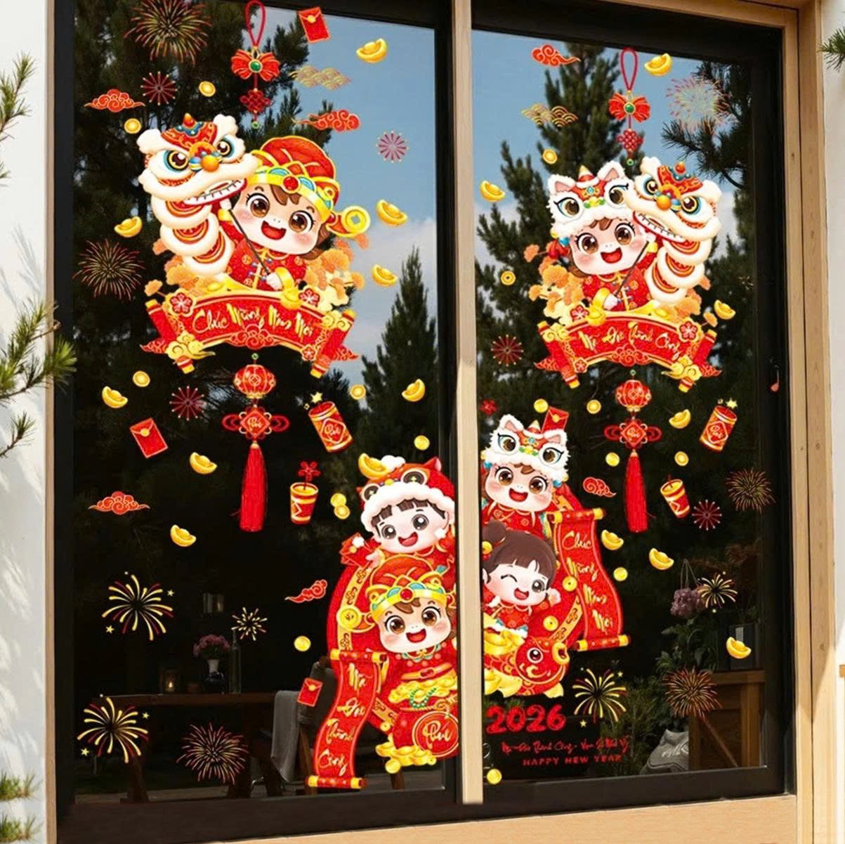 Combo decal tết tĩnh điện múa lân mừng năm mới vạn sự như ý