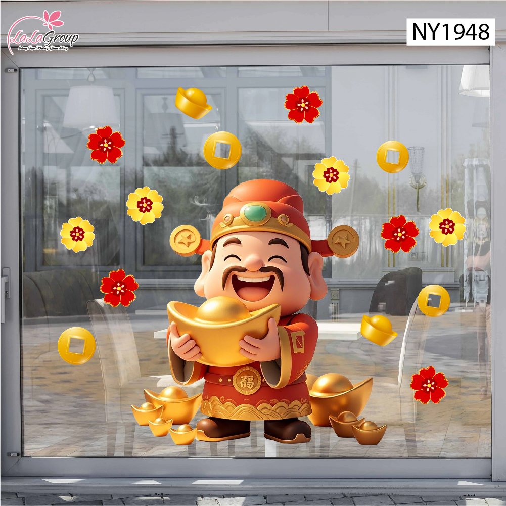 Decal Trang Tr&iacute; Tết Thần T&agrave;i Tặng V&agrave;ng Ph&uacute; Qu&yacute;
