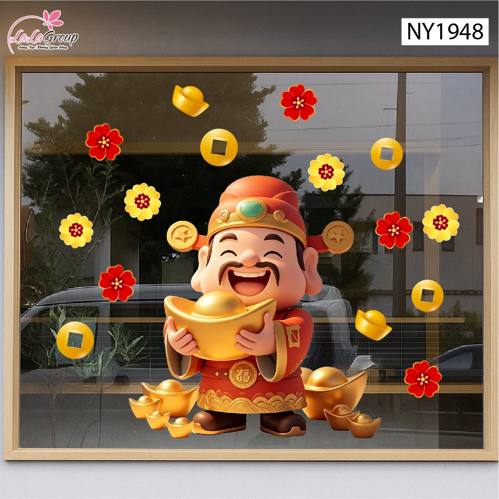 Decal Trang Tr&iacute; Tết Thần T&agrave;i Tặng V&agrave;ng Ph&uacute; Qu&yacute;
