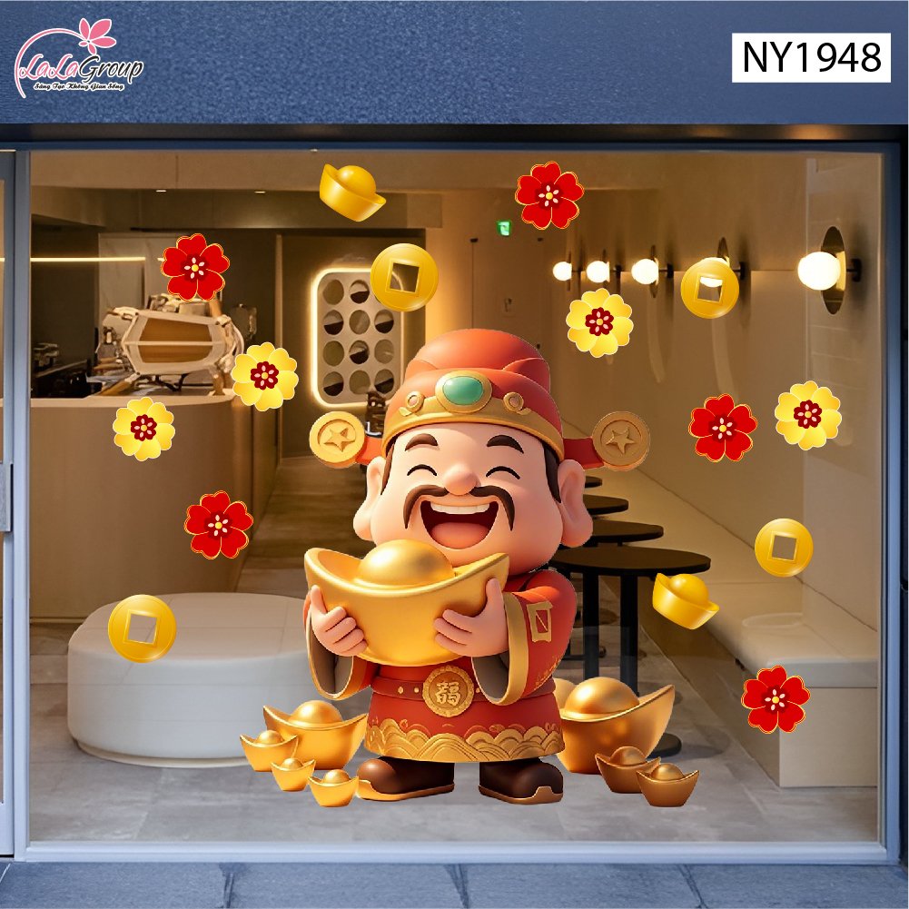Decal Trang Tr&iacute; Tết Thần T&agrave;i Tặng V&agrave;ng Ph&uacute; Qu&yacute;