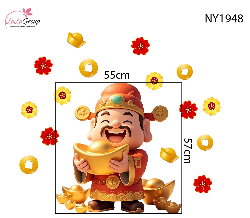 Decal Trang Tr&iacute; Tết Thần T&agrave;i Tặng V&agrave;ng Ph&uacute; Qu&yacute;