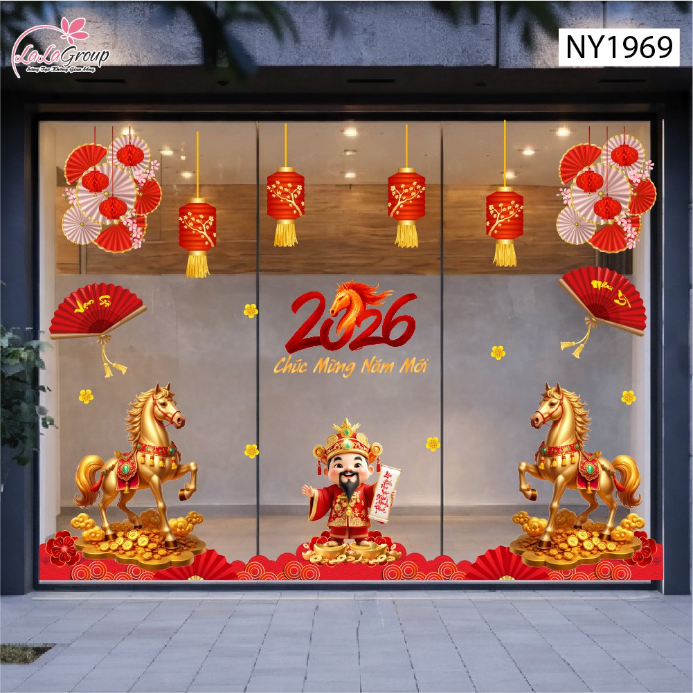 Combo Decal Trang Tr&iacute; Tết Thần T&agrave;i Ch&uacute;c Mừng Năm Mới Hạnh Ph&uacute;c