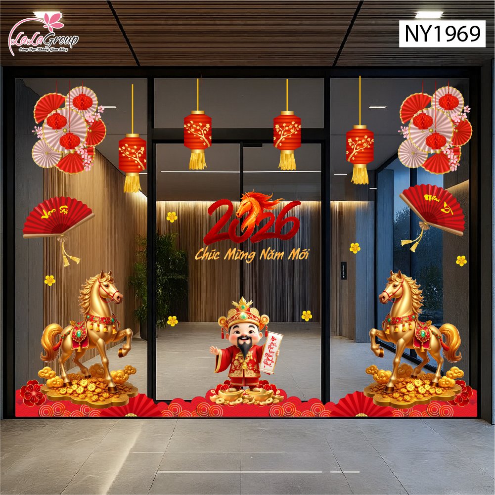 Combo Decal Trang Tr&iacute; Tết Thần T&agrave;i Ch&uacute;c Mừng Năm Mới Hạnh Ph&uacute;c