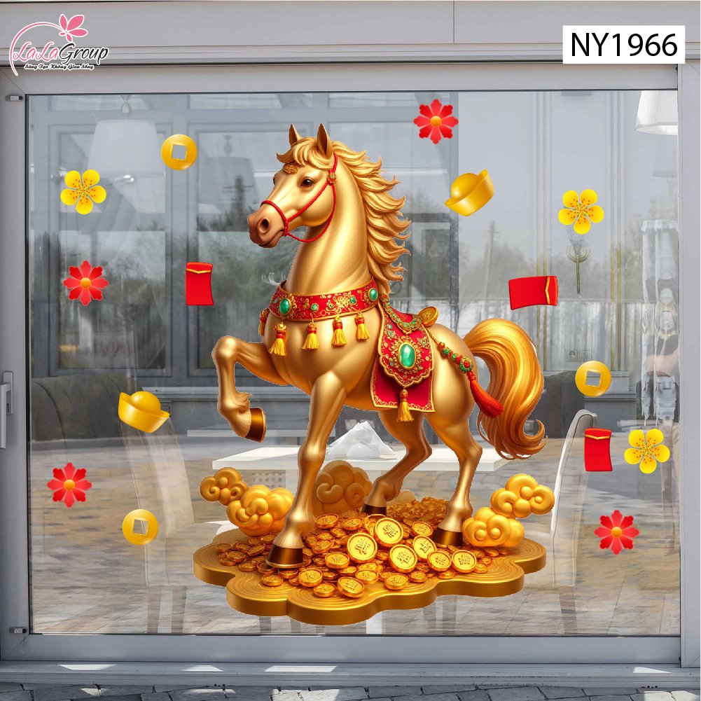 Decal Trang Tr&iacute; Tết Tuấn M&atilde; V&agrave; Đ&agrave;o Đỏ Ph&uacute; Qu&yacute;