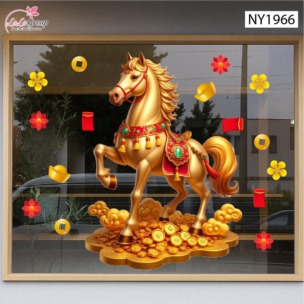 Decal Trang Tr&iacute; Tết Tuấn M&atilde; V&agrave; Đ&agrave;o Đỏ Ph&uacute; Qu&yacute;