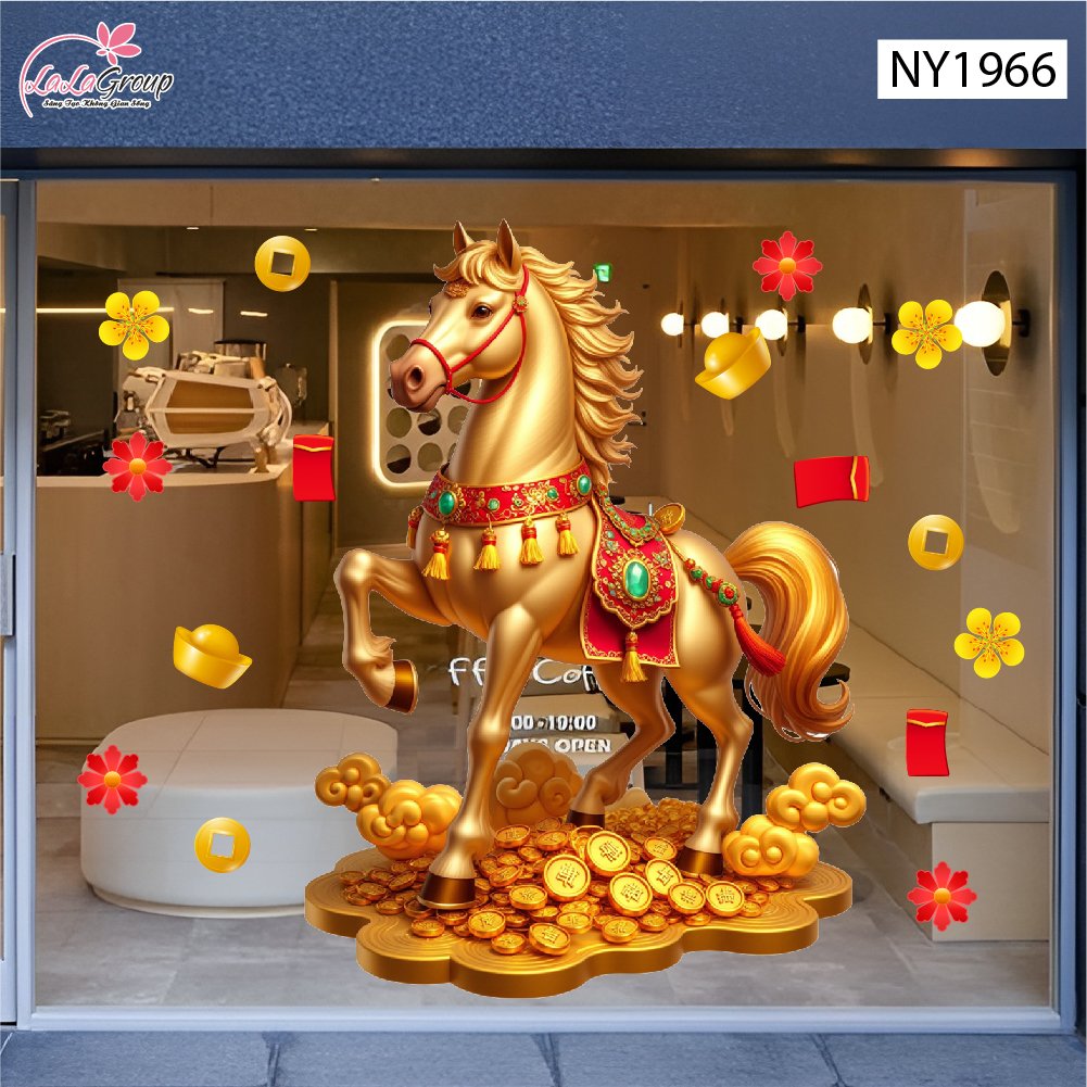 Decal Trang Tr&iacute; Tết Tuấn M&atilde; V&agrave; Đ&agrave;o Đỏ Ph&uacute; Qu&yacute;