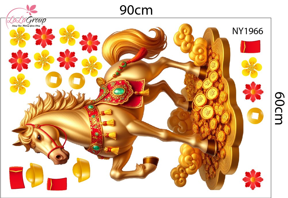 Decal Trang Tr&iacute; Tết Tuấn M&atilde; V&agrave; Đ&agrave;o Đỏ Ph&uacute; Qu&yacute;