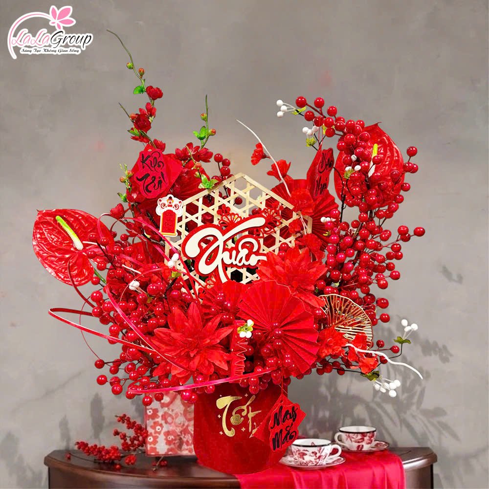 Bình hoa đào đông trang trí tết xuân yên vui may mắn