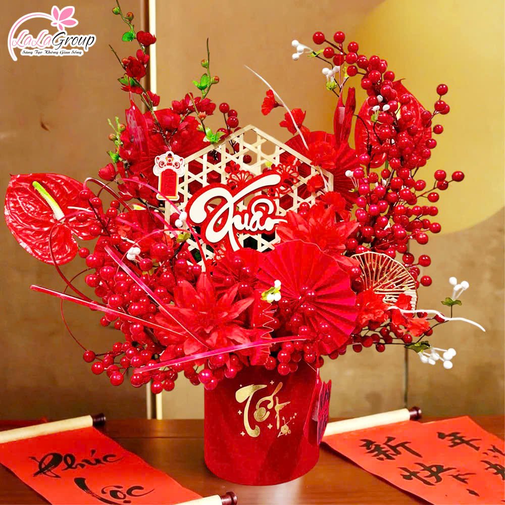 Bình hoa đào đông trang trí tết xuân yên vui may mắn