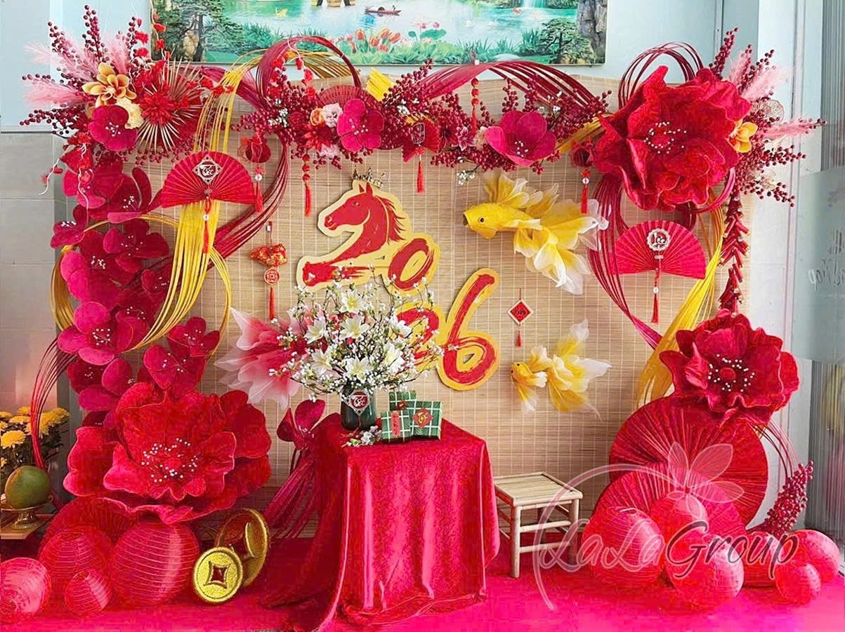 Tiểu cảnh mành tre trang trí tết Vườn Xuân Khoe Sắc Mừng Xuân 2026