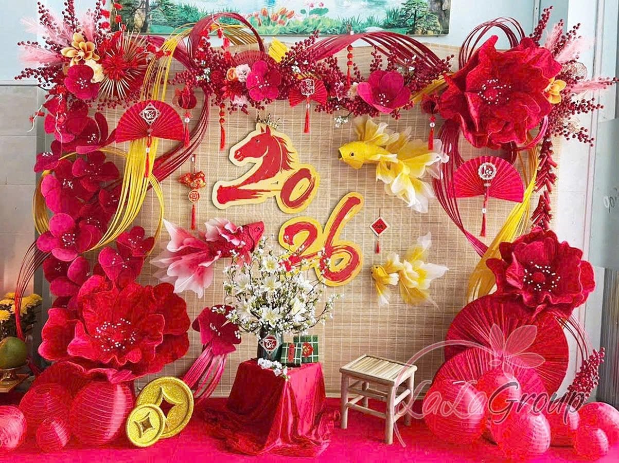 Tiểu cảnh mành tre trang trí tết Vườn Xuân Khoe Sắc Mừng Xuân 2026