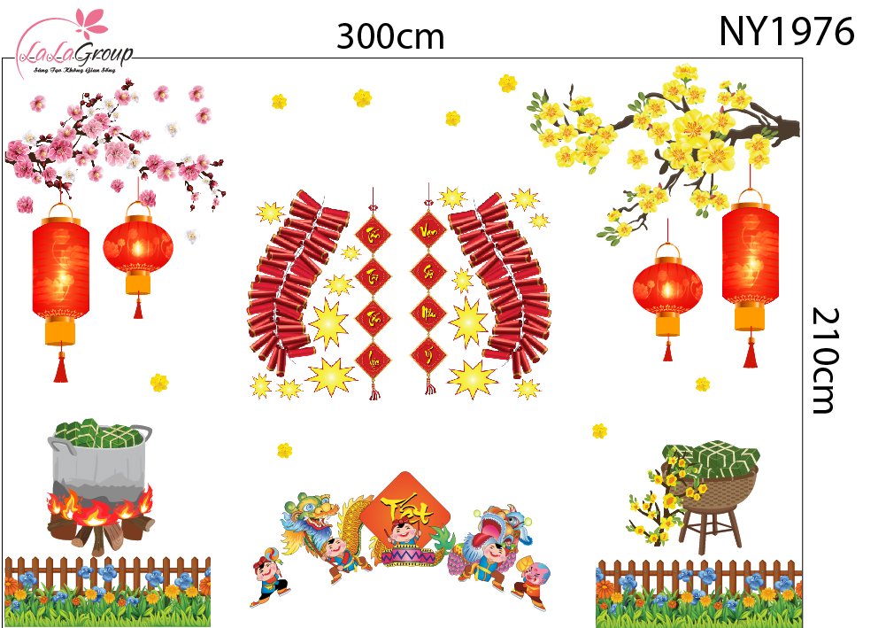 Combo Decal Trang Tr&iacute; Tết B&eacute; M&uacute;a L&acirc;n Mừng Năm Mới Vạn Sự Như &Yacute;
