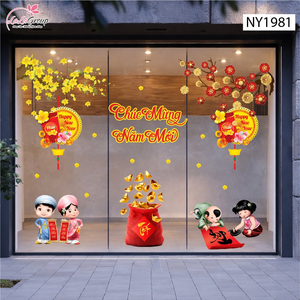 Combo Decal Trang Trí Tết Bé Viết Thư Pháp Chúc Xuân Hạnh Phúc Bình An