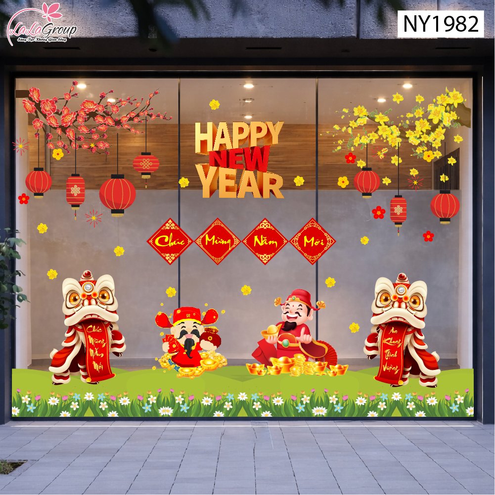 Combo decal trang tr&iacute; tết thần t&agrave;i ch&uacute;c mừng năm mới an khang thịnh vượng