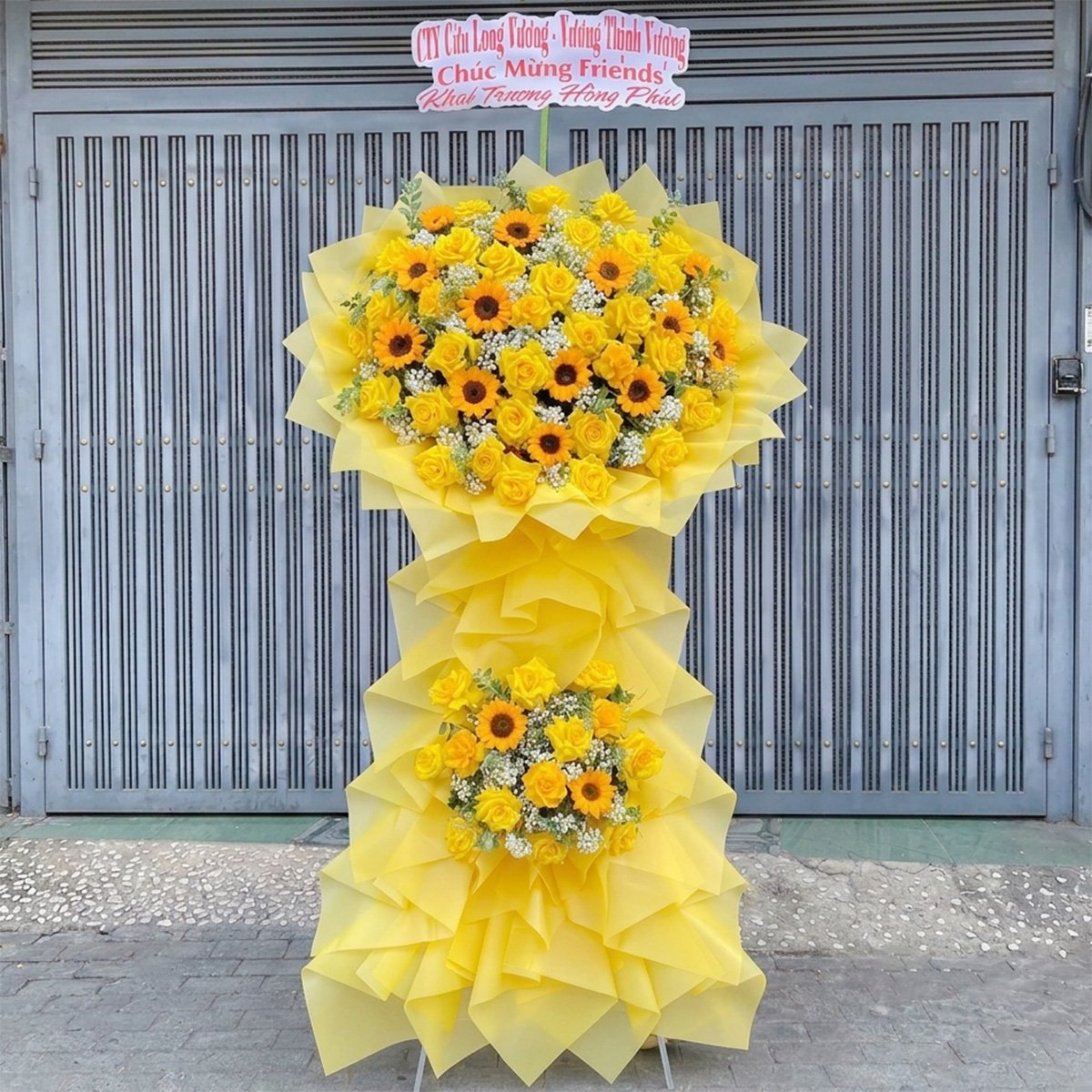 Kệ Hoa Chúc Mừng Khai Trương Tone Vàng Hai Tầng Sang Trọng Phú Quý Tài Lộc