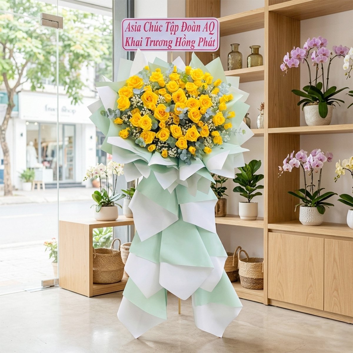 Kệ Hoa Khai Trương Hoa V&agrave;ng Mix Giấy Xanh Hiện Đại T&agrave;i Lộc An Khang