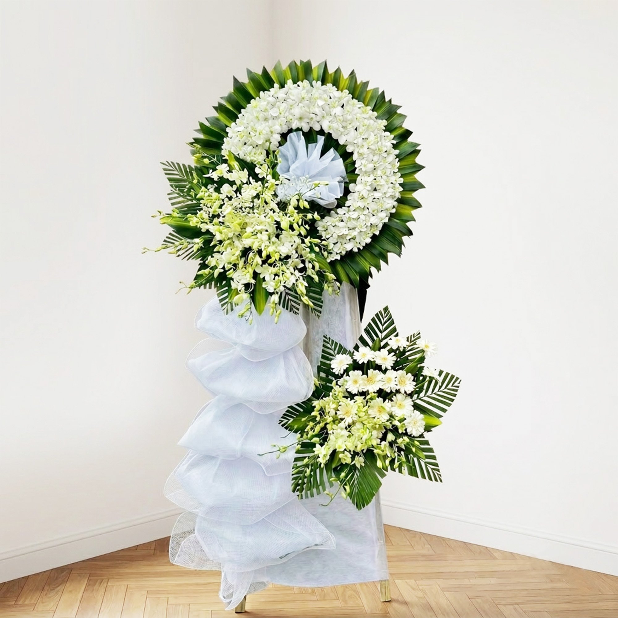 Kệ Hoa Chia Buồn 2 Tầng Hoa Lan Trắng Phối Lưới Tầng Thanh Nh&atilde;